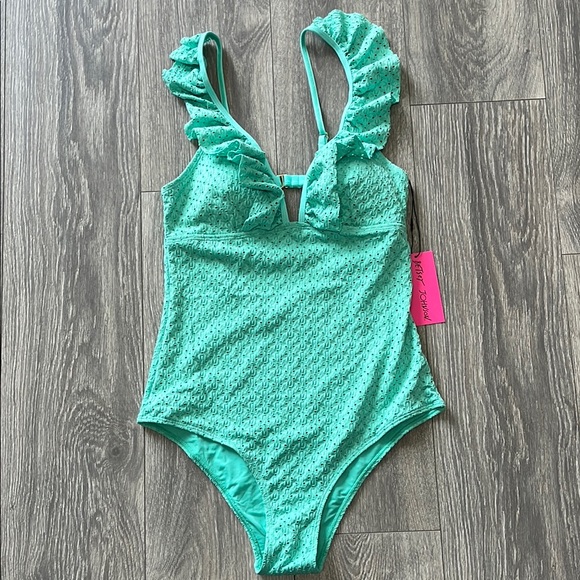 Betsy Johnson “Biscay” Green 1 Piece Ruffle Strap Eyelet Swimsuit - Picture 4 of 15